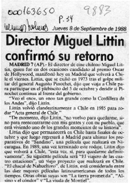 Director Miguel Littin confirmó su retorno  [artículo].