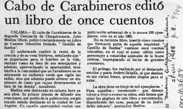 Cabo de Carabineros editó un libro de once cuentos