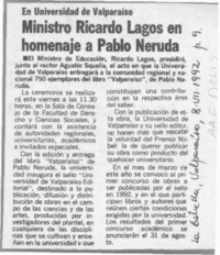 Ministro Ricardo Lagos en homenaje a Pablo Neruda  [artículo].