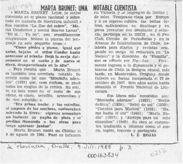 Marta Brunet, una notable cuentista  [artículo] L. E. Rojas.