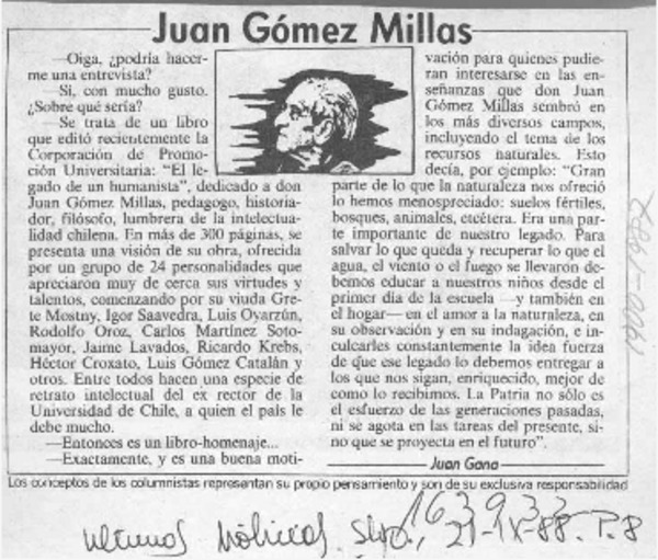 Juan Gómez Millas  [artículo] Juan Gana.