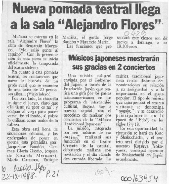 Nueva pomada teatral llega a la sala "Alejandro Flores"  [artículo].