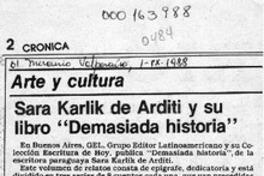 Sara Karlik de Arditi y su libro "Demasiada historia"  [artículo] Isabel Barrientos Díaz.