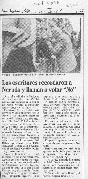 Los Escritores recordaron a Neruda y llaman a votar "No"  [artículo].
