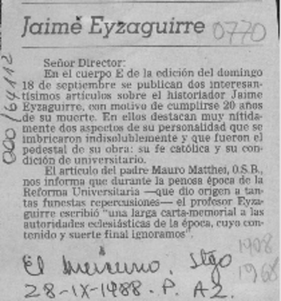 Jaime Eyzaguirre  [artículo] Alberto P. Cristoffanini.