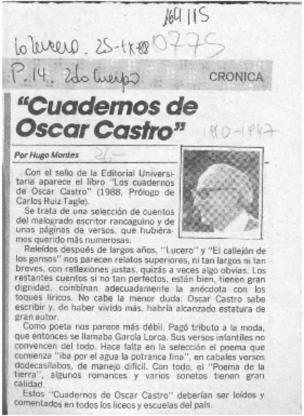 "Cuadernos de Oscar Castro"  [artículo] Hugo Montes.