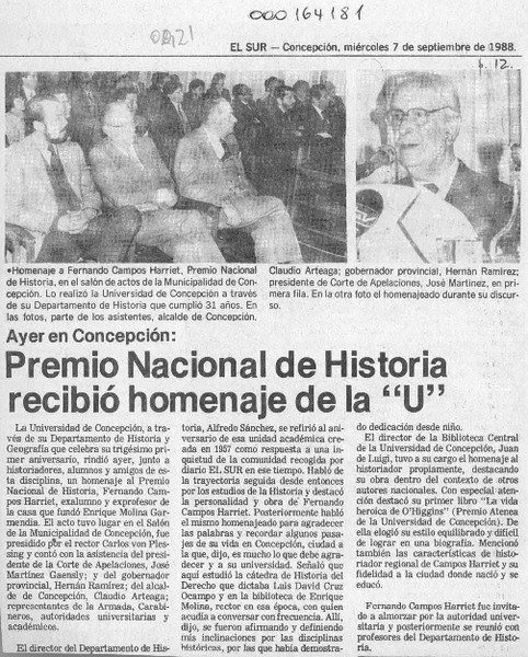 Premio Nacional de Historia recibió homenaje de la "U"  [artículo].
