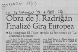 Obra de J. Radrigán finalizó gira europea  [artículo].