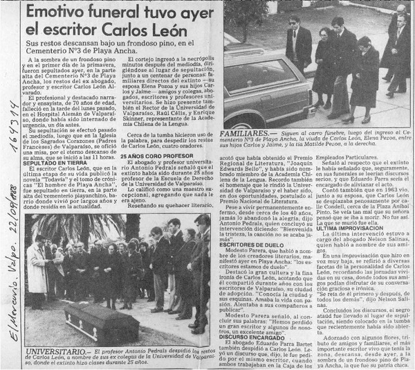 Emotivo funeral tuvo ayer el escritor Carlos León  [artículo].
