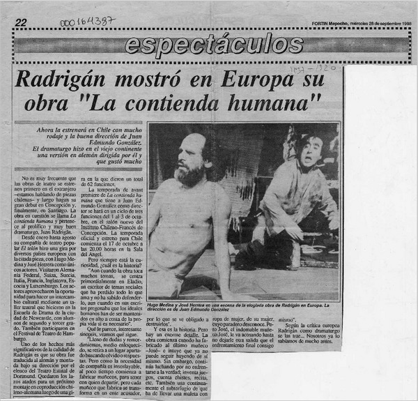 Radrigán mostró en Europa su obra "La contienda humana"  [artículo].