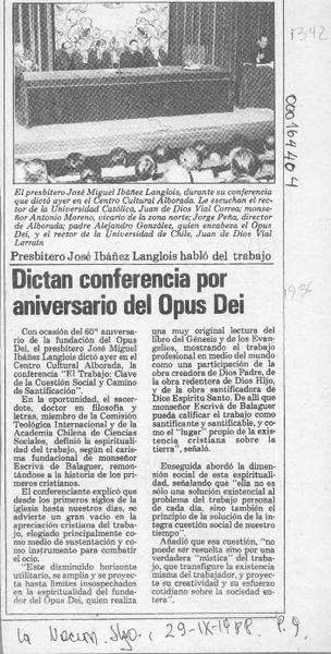 Dictan conferencia por aniversario del Opus Dei  [artículo].