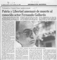 Patria y Libertad amenazó de muerte al conocido actor Fernando Gallardo  [artículo].