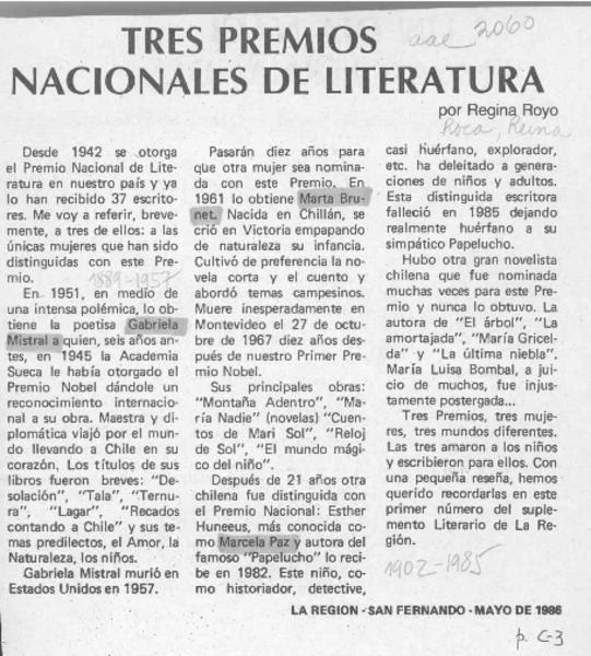 Tres Premios Nacionales de Literatura  [artículo] Regina Royo.