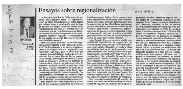 Ensayos sobre regionalización  [artículo] Raimundo Barros Charlín.