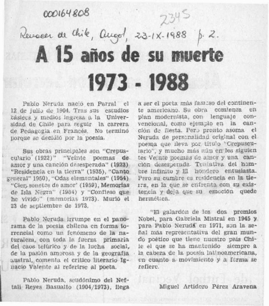 A 15 años de su muerte 1973-1988  [artículo] Miguel Artidoro Pérez Aravena.