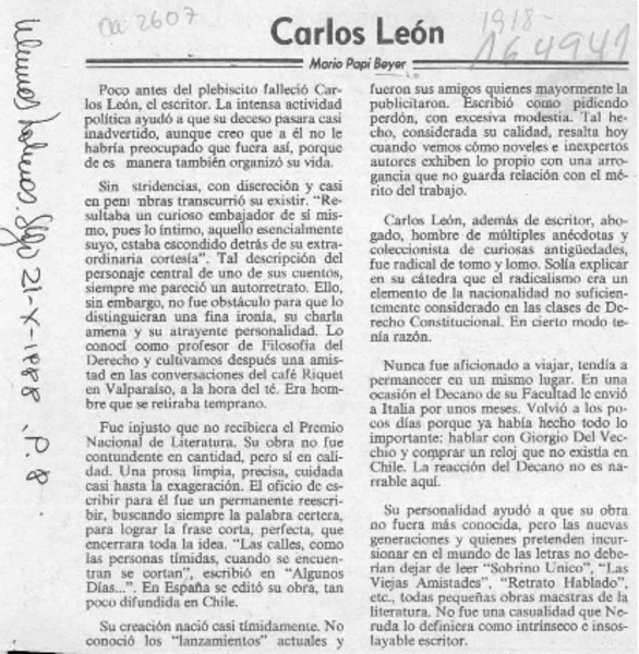 Carlos León  [artículo] Mario Papi.