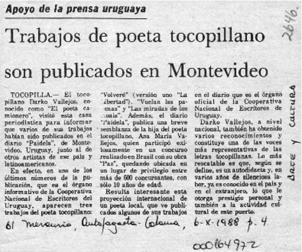 Trabajos de poeta tocopillano son publicados en Montevideo  [artículo].