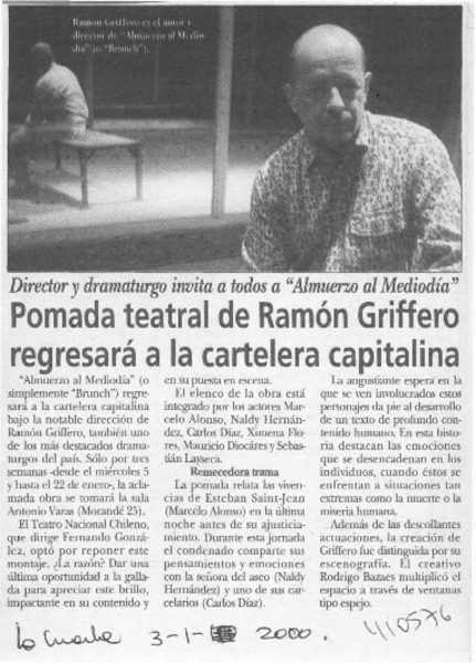 Pomada teatral de Ramón Griffero regresará a la cartelera capitalina  [artículo]