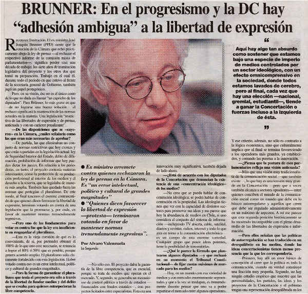 Brunner, en el progresismo y la DC hay "adhesión ambigua" a la libertad de expresión