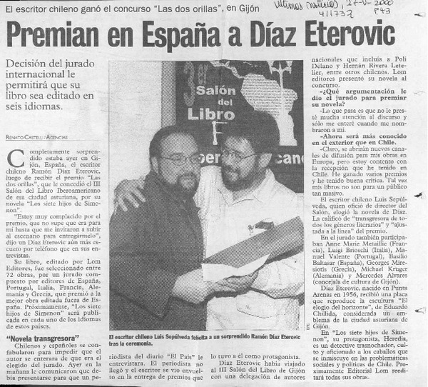 Premian en España a Díaz Eterovic  [artículo] Renato Castelli
