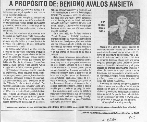 A propósito de Benigno Ávalos Ansieta  [artículo] Nélida Baros Fritis