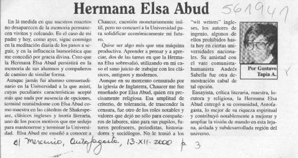 Hermana Elsa Abud  [artículo] Gustavo Tapia A.