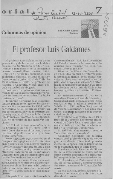 El profesor Luis Galdames  [artículo] Luis Godoy Gómez