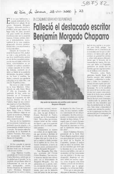 Falleció el destacado escritor Benjamín Morgado Chaparro  [artículo] J. B.