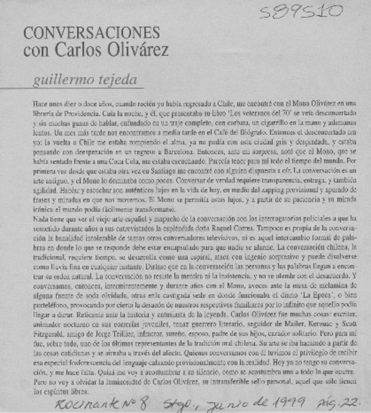 Conversaciones con Carlos Olivárez  [artículo] Guilllermo Tejeda