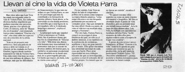 Llevan al cine la vida de Violeta Parra  [artículo] A. G.