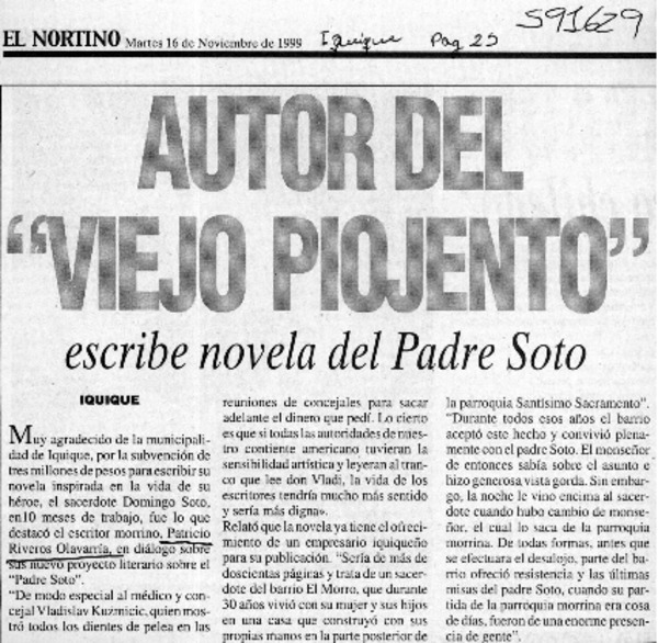 Autor del "viejo piojento" escribe novela del Padre Soto  [artículo]
