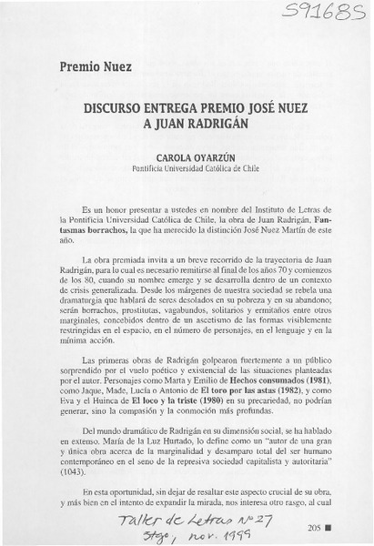 Discurso entrega Premio José Nuez a Juan Radrigán  [artículo] Carola Oyarzún