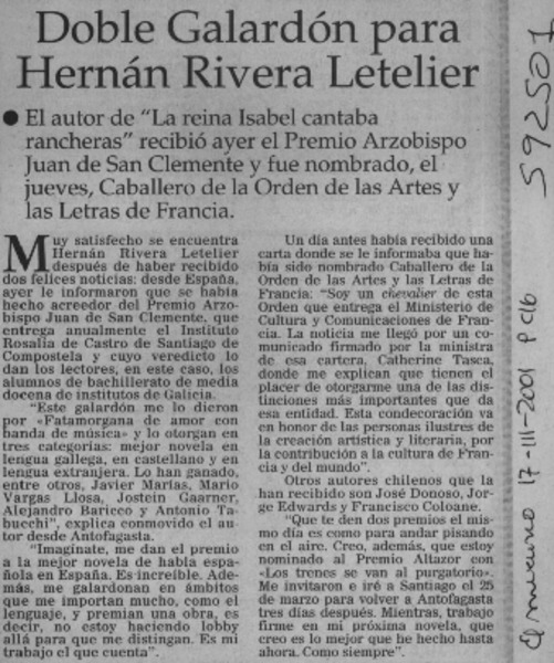 Doble galardón para Hernán Rivera Letelier  [artículo]
