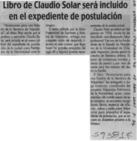 Libro de Claudio Solar será incluido en el expediente de postulación  [artículo]