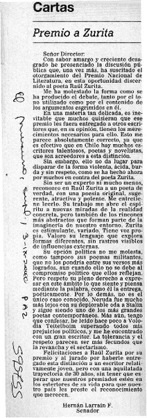 Premio a Zurita  [artículo] Hernán Larraín F.