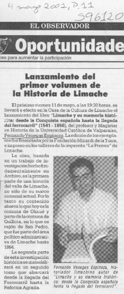 Lanzamiento del primer volumen de la historia de Limache  [artículo]