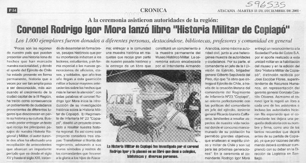 Coronel Rodrigo Igor Mora lanzó libro "Historia militar de Copiapó"  [artículo]