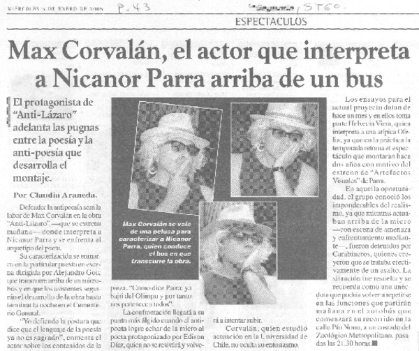 Max Corvalán, el actor que interpreta a Nicanor Parra arriba de un bus