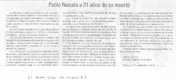 Pablo Neruda a 31 años de su muerte