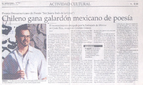 Chileno gana galardón mexicano de poesía (entrevistas)