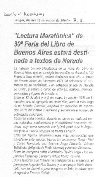 "Lectura maratónica" de 30a Feria del Libro de Buenos Aires estará destinada a textos de Neruda