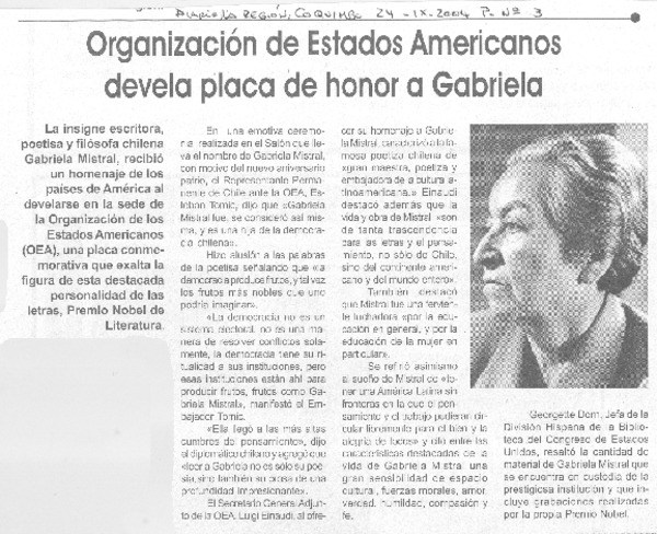 Organización de Estados Americanos devela placa de honor a Gabriela