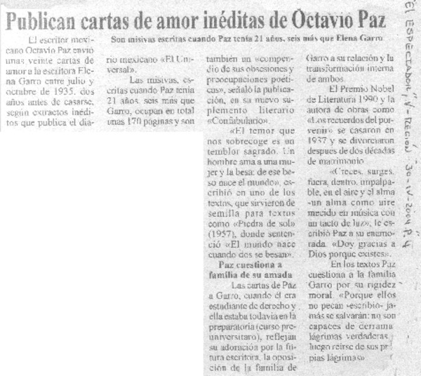 Publican cartas de amor inéditas de Octavio Paz.