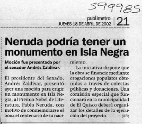 Neruda podría tener un gran monumento en Isla Negra  [artículo]