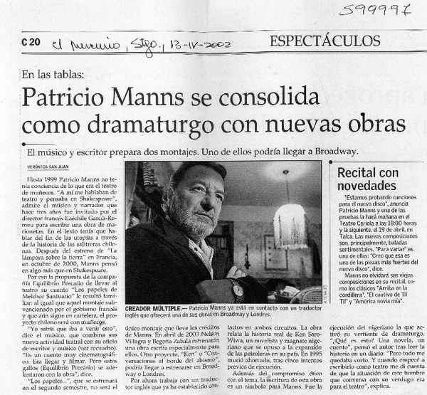 Patricio Manns se consolida como dramaturgo con nuevas obras  [artículo] Verónica San Juan