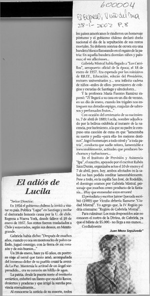 El adiós de Lucila  [artículo] Juan Meza Sepúlveda