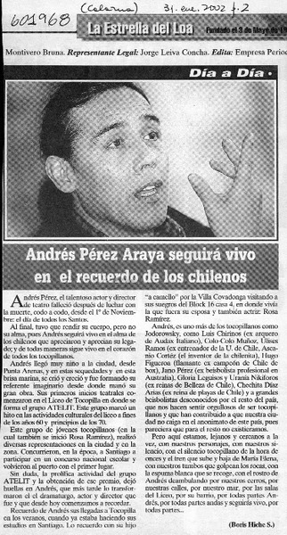 Andrés Pérez Araya seguirá vivo en el recuerdo de los chilenos  [artículo] Boris Hiche S.