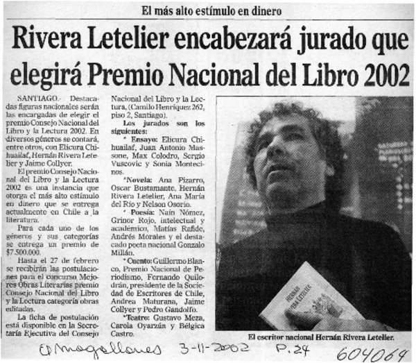 Rivera Letelier encabezará jurado que elegirá Premio Nacional del Libro 2002  [artículo]