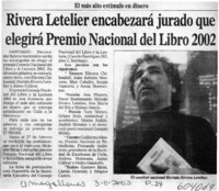 Rivera Letelier encabezará jurado que elegirá Premio Nacional del Libro 2002  [artículo]