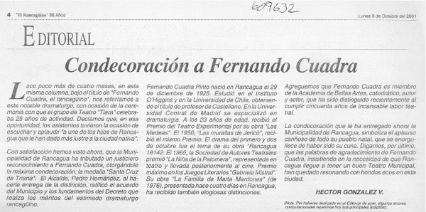 Condecoración a Fernando Cuadra  [artículo] Héctor González V.